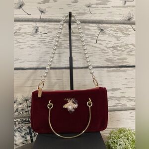 Rich Red Faux Velvet Bag with Pearl Handle
